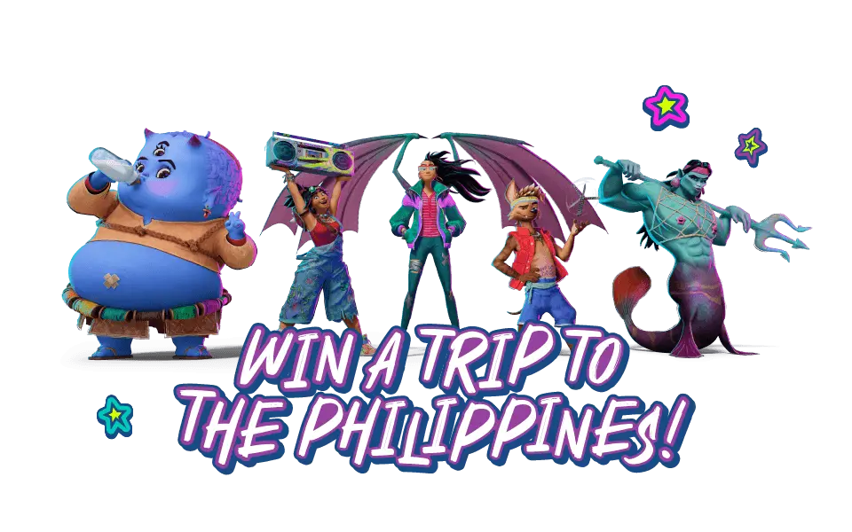 Graphic of Jollibee and Dream Works Forgotten Island movie with the characters on a transparent background..